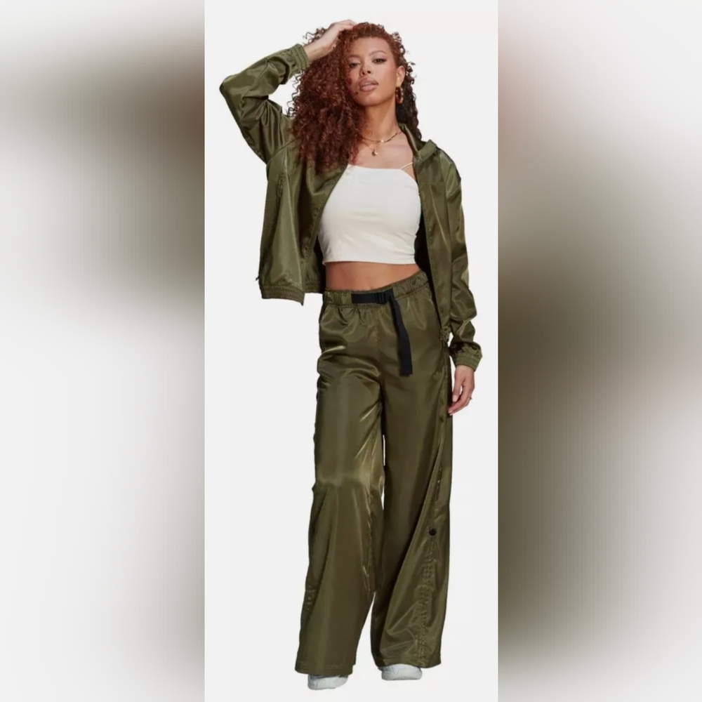 Adidas Women's Wide Leg Loose Fit Satin Pants Olive Green
